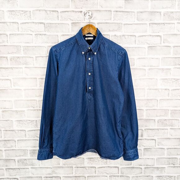 SUITSUPPLY Slim 1/2 button Popover light denim Shirt indigo Egyptian cotton 15 - Picture 1 of 8